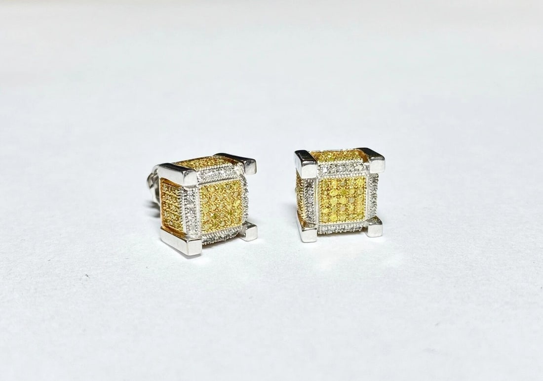 10K WHITE GOLD EARRINGS WITH 0.77CT YELLOW AND WHITE MICRO-PAVE DIAMONDS: 10K WHITE GOLD EARRINGS WITH 0.77CT YELLOW AND WHITE MICRO-PAVE DIAMONDS 10k White Gold Earrings with 0.77CT Yellow and White Micro-Pave Diamonds You are bidding on new with tags 10k White Gold Earrin