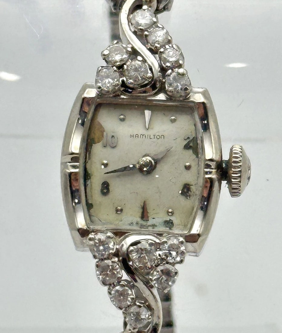 14K WHITE GOLD CASE HAMILTON VINTAGE WOMAN'S WATCH WITH 0.50CTS OF DIAMONDS (1 of 2)