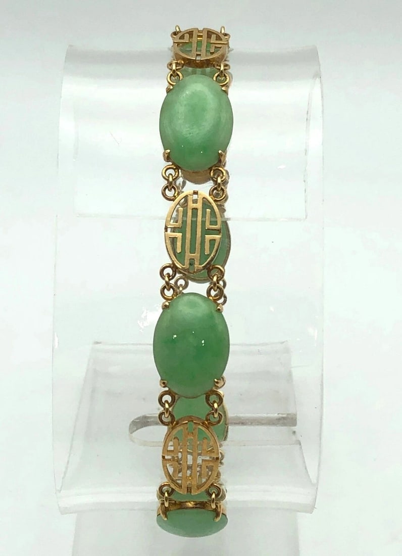 14K GOLD BRACELET WITH SIX OVAL JADE STONES 7 INCHES , 11 GRAMS (1 of 2)