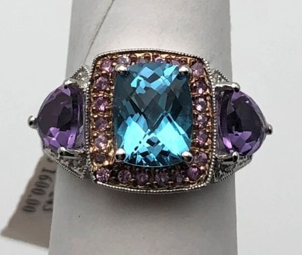 14K WHITE GOLD RING WITH AMETHYST, BLUE TOPAZ, PINK SAPPHIRES AND DIAMONDS (1 of 2)