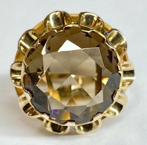 14K YELLOW GOLD RING WITH 15MM ROUND SMOKEY QUARTZ SIZE: 4.75 6.9G (1 of 2)