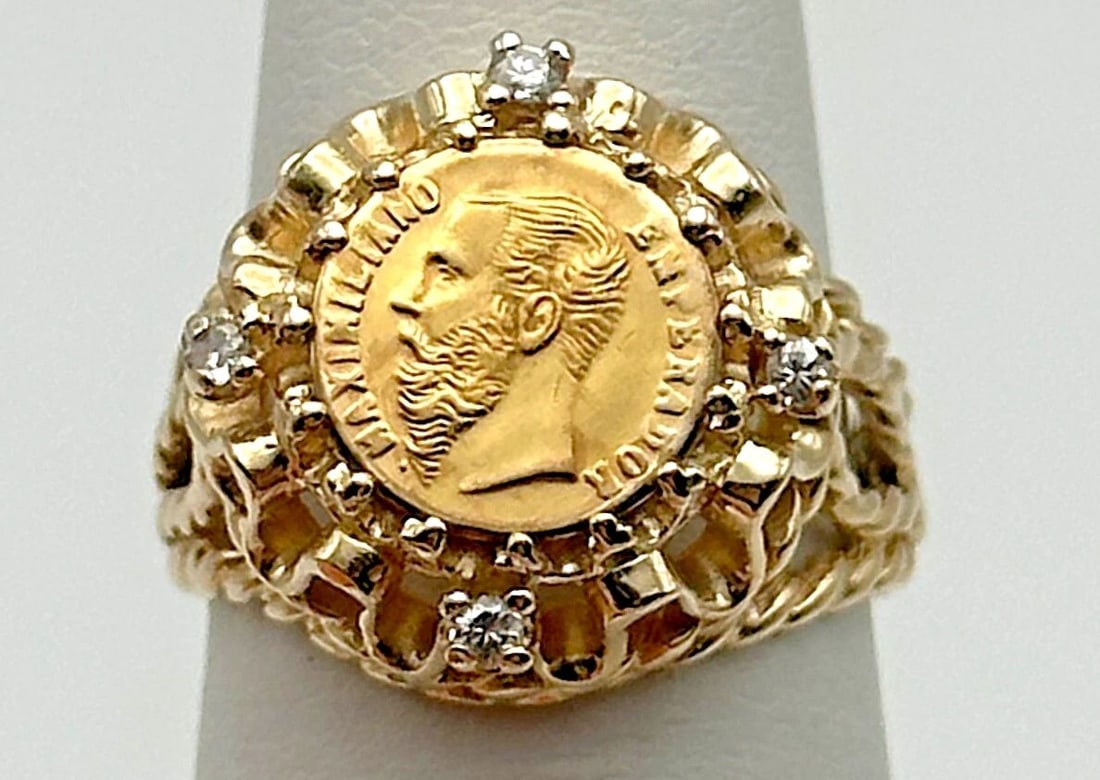 14K GOLD RING, 1865 MAXIMILIANO 14K COIN, IMPERIO MEXICANO, 0.08CTS OF DIAMONDS (1 of 2)