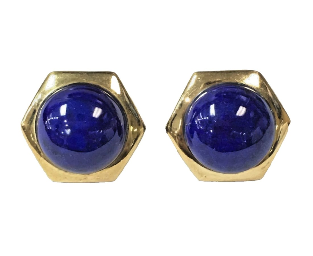 14K YELLOW GOLD PUSH BACK OCTAGON SHAPE EARRINGS WITH NATURAL BLUE LAPIS 5.7G (1 of 2)