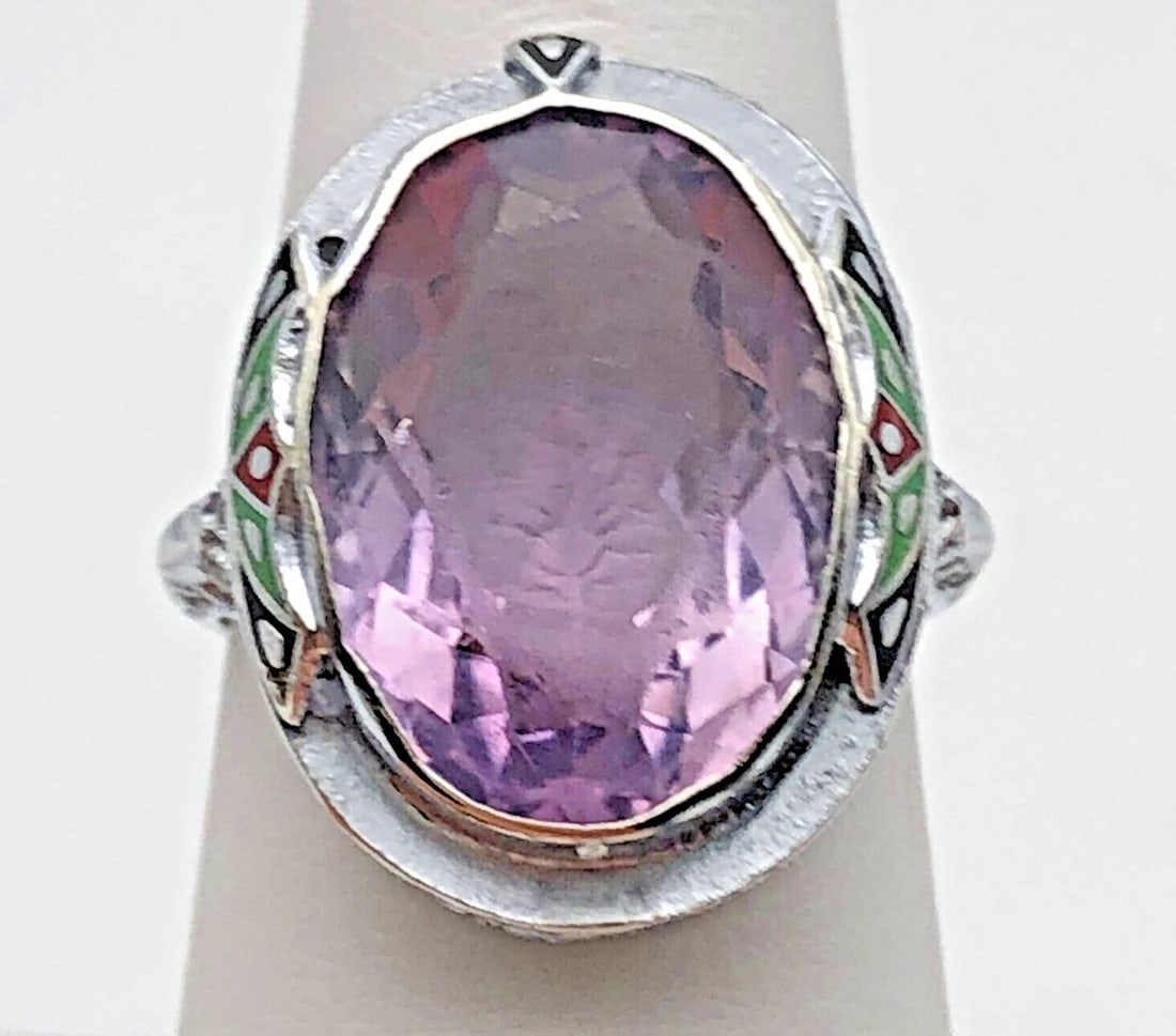 A&S ANTIQUE FILIGREE 14K WHITE GOLD RING WITH CENTER AMETHYST SIZE: 7.5 5.9G: A&S Antique filigree 14k White Gold Ring with center Amethyst Condition: Used, has been heavily worn, Antique / Vintage Material: 14k White Gold Ring Size: 7.5 Weight: 5.9 grams Top Width: 22.4mm Bott
