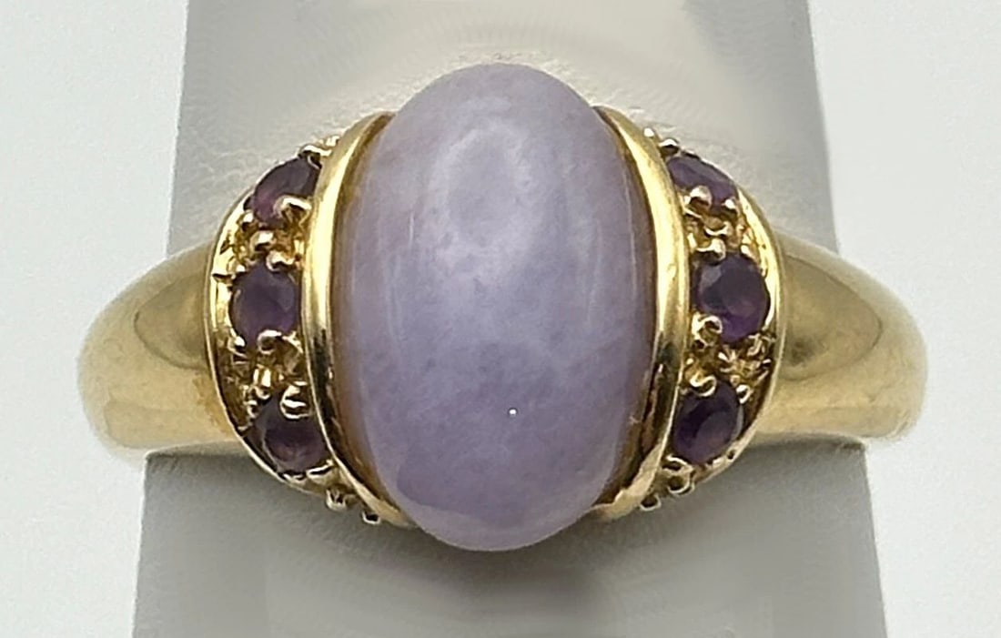 14K GOLD RING SET WITH LAVENDER JADE AND SIX AMETHYST SIZE: 8.5 (1 of 2)