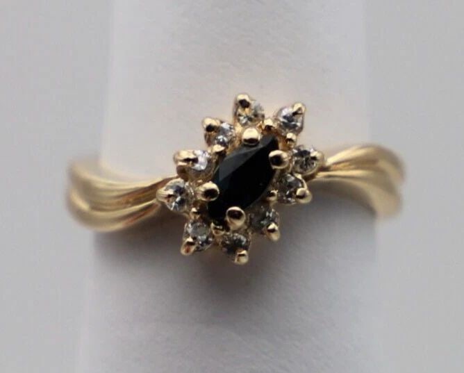 14K GOLD RING WITH MARQUISE CUT NATURAL SAPPHIRE AND DIAMONDS SIZE: 5.75 (1 of 2)