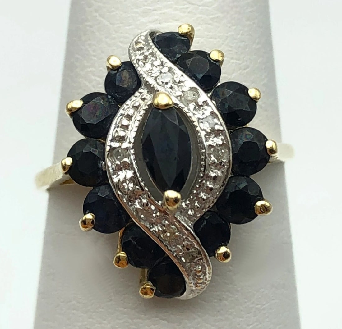 14K GOLD RING WITH DARK NATURAL SAPPHIRES AND 0.10CTS OF DIAMONDS SIZE: 7 (1 of 2)