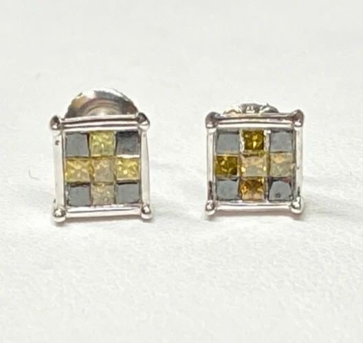 14K WHITE GOLD EARRINGS WITH 1.9CTS OF YELLOW AND BLACK DIAMONDS 1.9G (1 of 2)