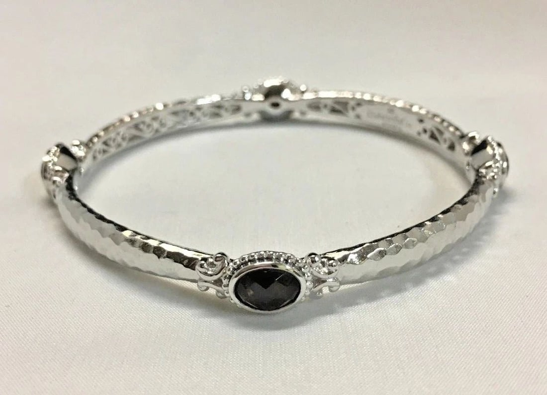 GABRIEL & CO BANGLE 925 STERLING SILVER, FOUR OVAL SMOKEY QUARTZ STONES 27.6G (1 of 2)