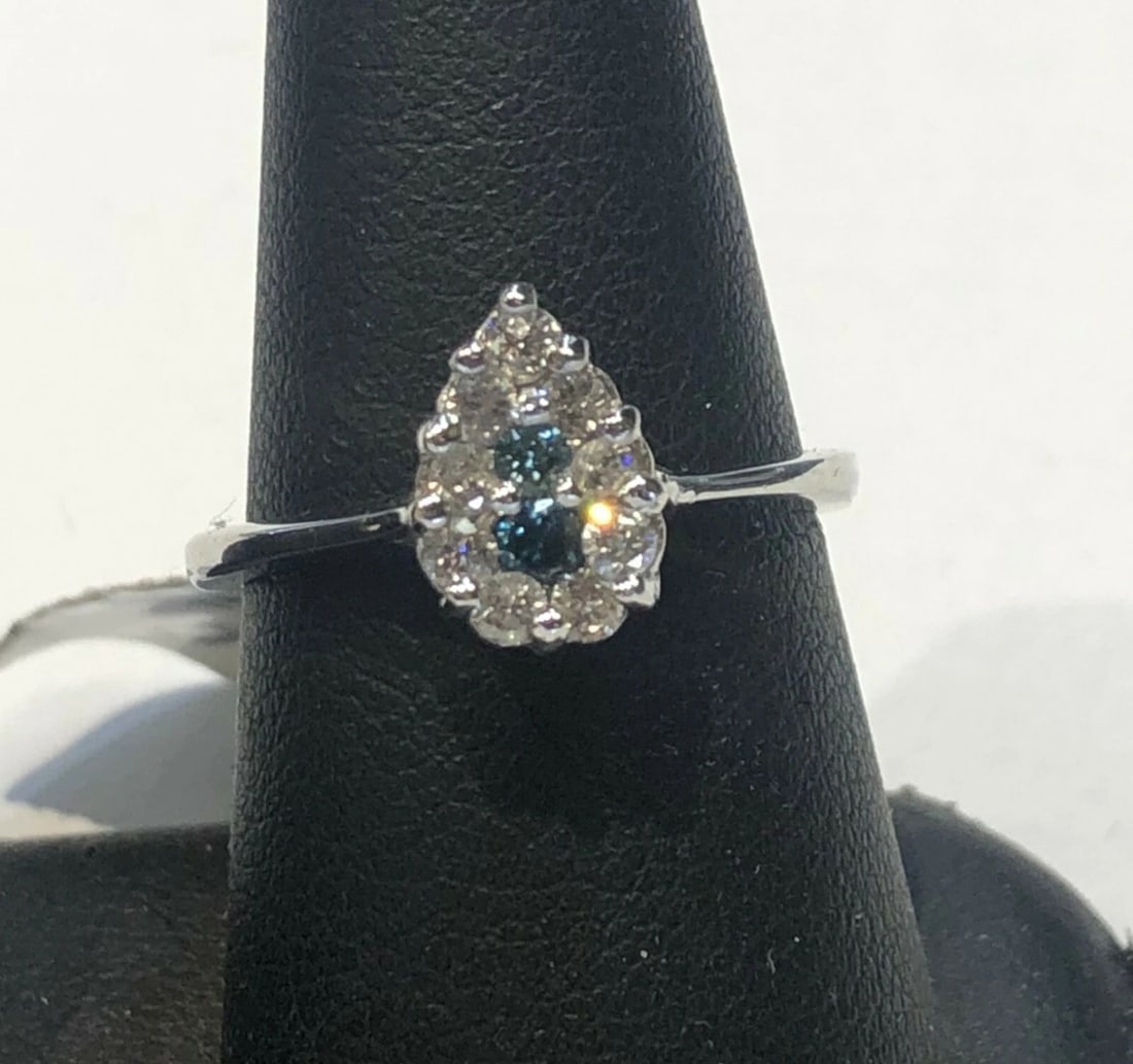 14K WHITE GOLD RING PEAR SHAPED, 0.45CTS OF BLUE & WHITE DIAMONDS SIZE: 6.75 (1 of 2)