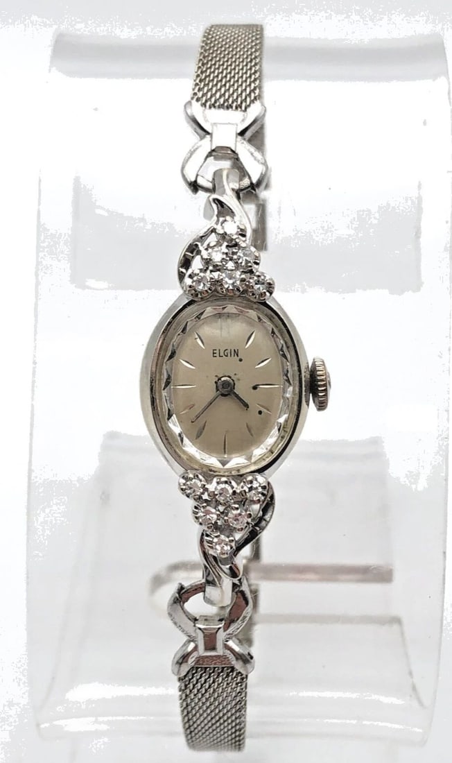 VINTAGE ELGIN 14K WHITE GOLD WATCH SET WITH 0.25CTS OF DIAMONDS 17 JEWELS (1 of 2)