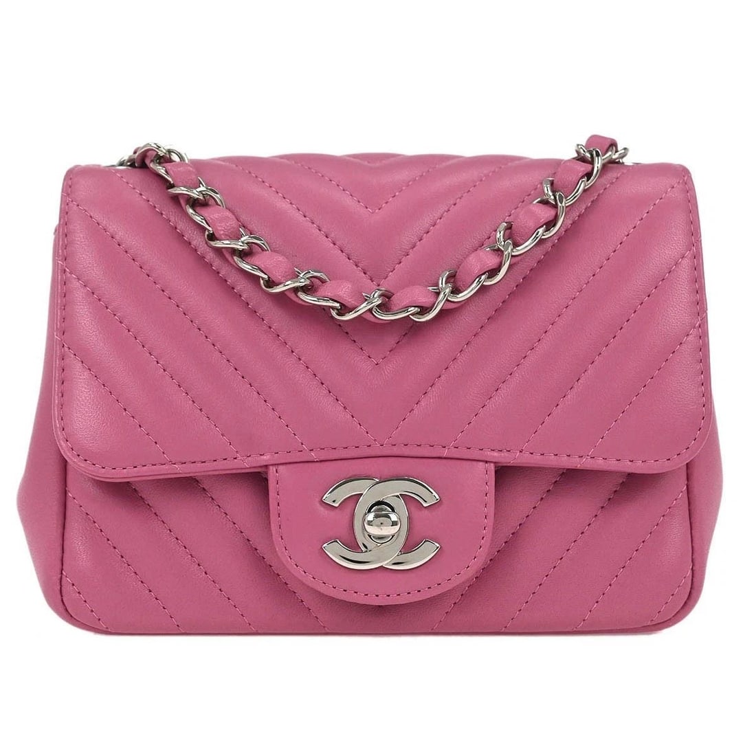 CHANEL PINK LAMBSKIN CHEVRON MINI CLASSIC SQUARE FLAP BAG (1 of 2)