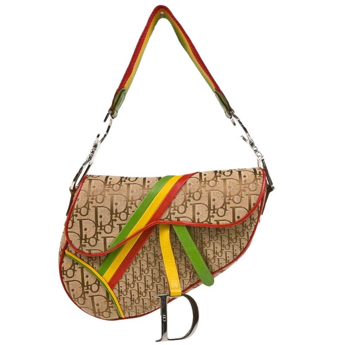 CHRISTIAN DIOR RASTA-COLOR TROTTER SADDLE HANDBAG: CHRISTIAN DIOR RASTA-COLOR TROTTER SADDLE HANDBAG Christian Dior Rasta-Color Trotter Saddle Handbag Description OUTSIDE: A: GOOD CONDITION!! Stain on the leather parts. INSIDE: A+: VERY GOOD CONDITION