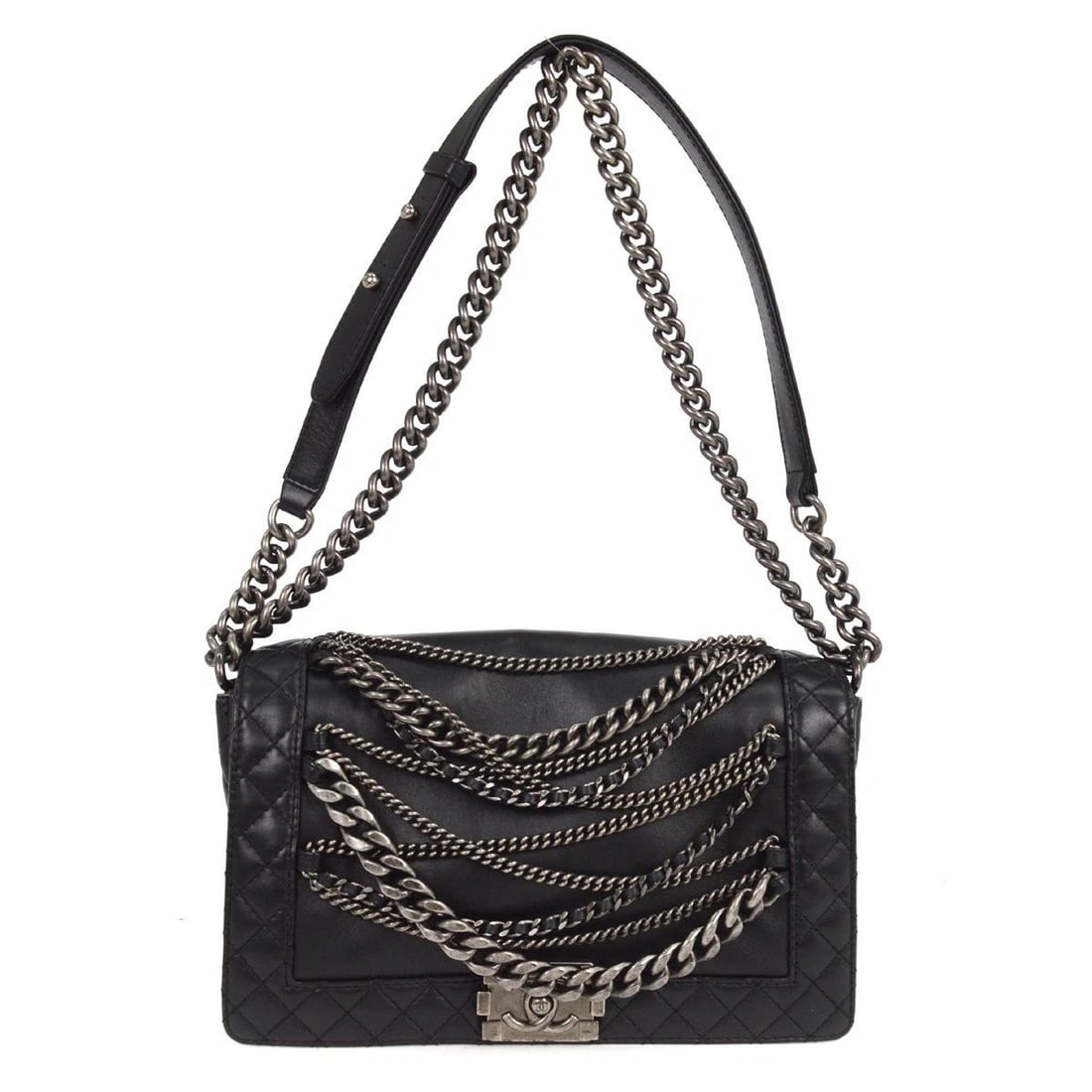 BOY CHANEL BLACK LAMBSKIN MEDIUM SHOULDER BAG: BOY CHANEL BLACK LAMBSKIN MEDIUM SHOULDER BAG Boy Chanel Medium Shoulder Bag Description OUTSIDE: A+: VERY GOOD CONDITION!! INSIDE: A: GOOD CONDITION!! Some stains. S : New or new without a tag. SA :