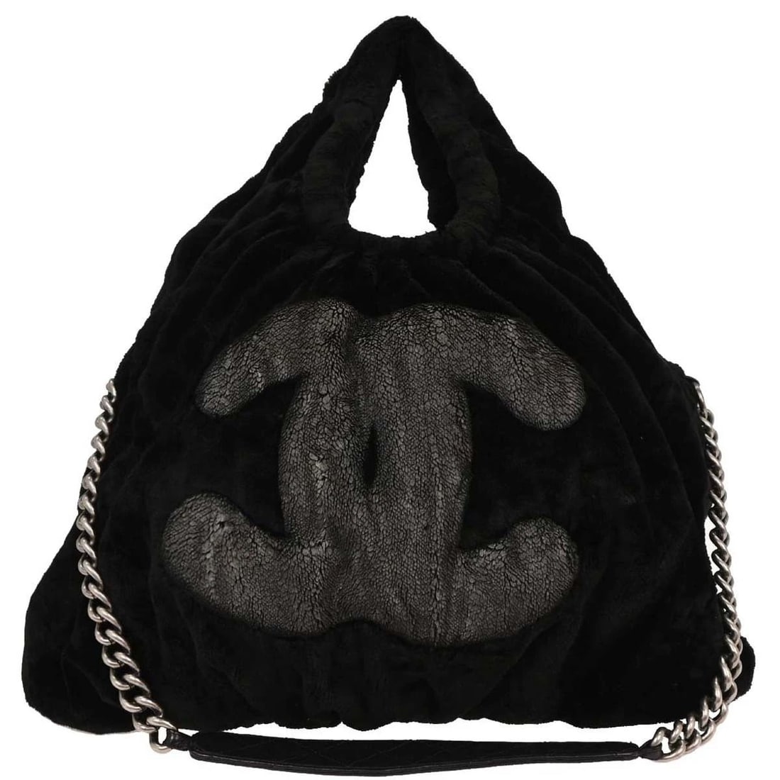 CHANEL BLACK ARTIFICIAL FUR HOBO 2WAY HANDBAG (1 of 2)