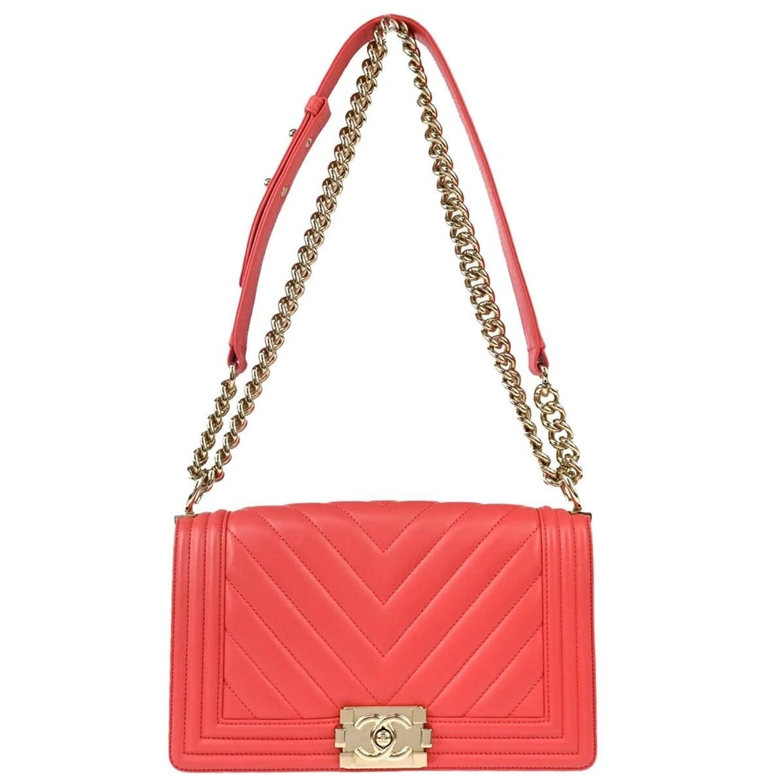 BOY CHANEL PINK LAMBSKIN CHEVRON MEDIUM DOUBLE CHAIN SHOULDER BAG: BOY CHANEL PINK LAMBSKIN CHEVRON MEDIUM DOUBLE CHAIN SHOULDER BAG Boy Chanel Medium Double Chain Shoulder Bag Description OUTSIDE: AB: FAIR CONDITION!! Stains on the leather parts. Edge has scuffs and