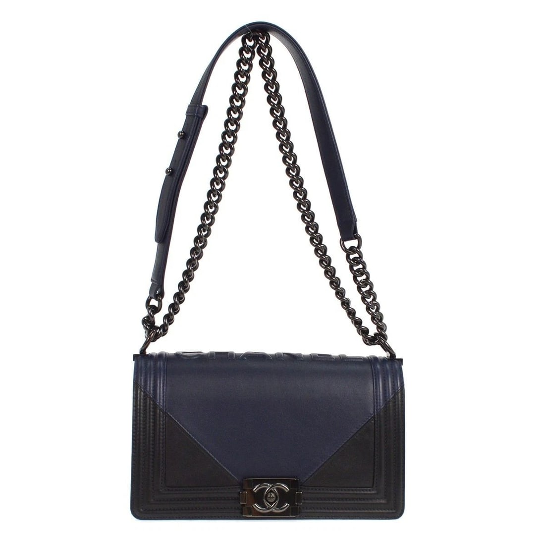 BOY CHANEL BLACK NAVY LAMBSKIN MEDIUM SHOULDER BAG: BOY CHANEL BLACK NAVY LAMBSKIN MEDIUM SHOULDER BAG Boy Chanel Medium Shoulder Bag Description OUTSIDE: A+: VERY GOOD CONDITION!! INSIDE: A+: VERY GOOD CONDITION!! Minor stains. S : New or new without