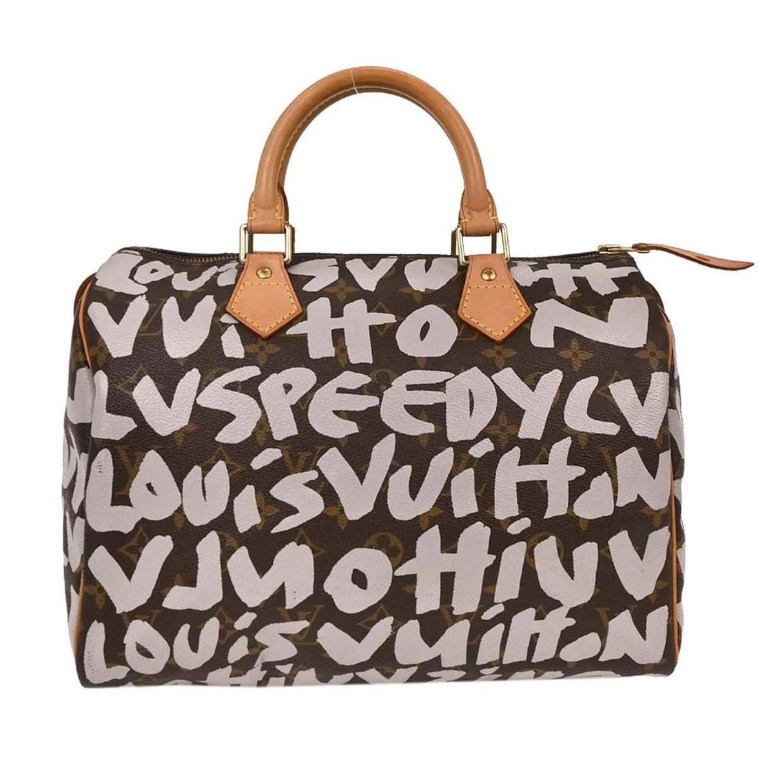 LOUIS VUITTON WHITE MONOGRAM GRAFFITI SPEEDY 30 HANDBAG: LOUIS VUITTON WHITE MONOGRAM GRAFFITI SPEEDY 30 HANDBAG Louis Vuitton White Monogram Graffiti Speedy 30 Handbag M92195 Stephen Sprouse Description OUTSIDE: AB: FAIR CONDITION!! Scuffs, discoloration,
