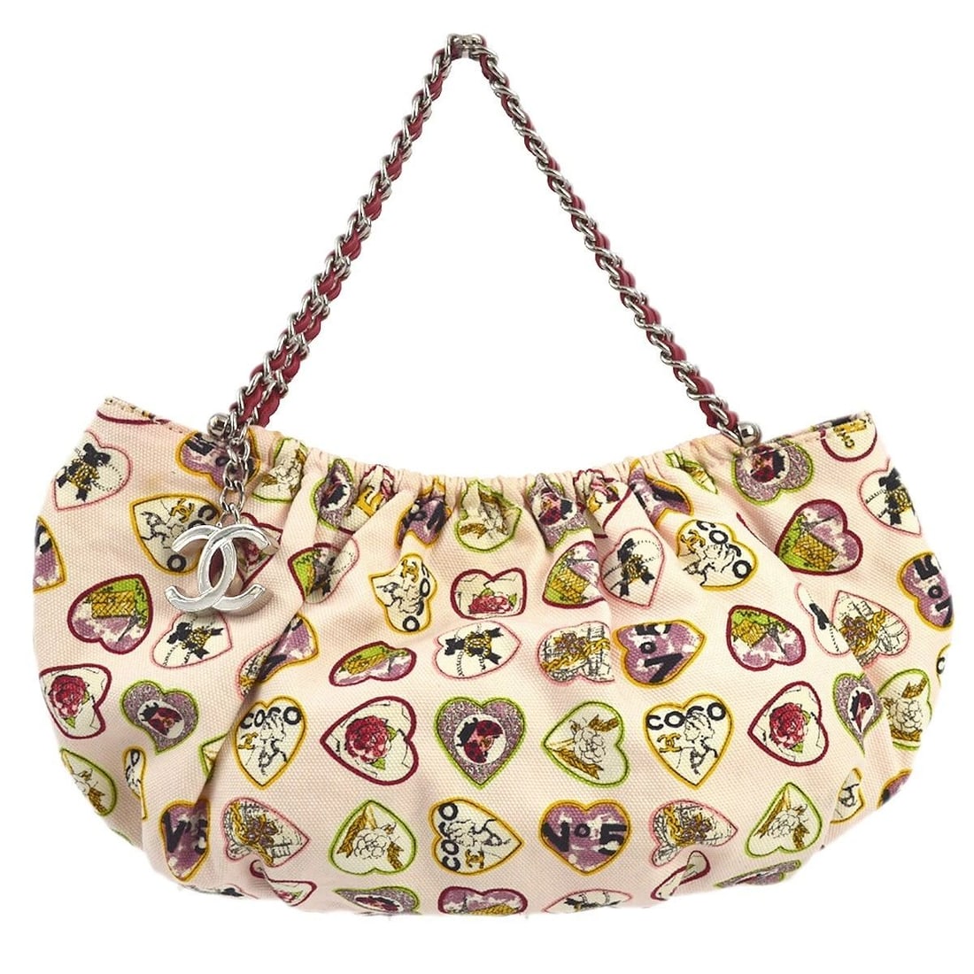 CHANEL PINK CANVAS VALENTINE CHAIN HANDBAG: CHANEL PINK CANVAS VALENTINE CHAIN HANDBAG Chanel Valentine Chain Handbag Description OUTSIDE : A+: VERY GOOD CONDITION!! Minor stains. INSIDE : A+: VERY GOOD CONDITION!! S : New or new without a tag.