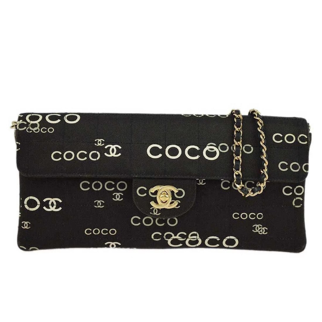 CHANEL BLACK CANVAS COCO EAST WEST CHOCO BAR SHOULDER BAG: CHANEL BLACK CANVAS COCO EAST WEST CHOCO BAR SHOULDER BAG Chanel COCO East West Choco Bar Shoulder Bag Description OUTSIDE: A+: VERY GOOD CONDITION!! There are scuffs and fading on the edges. INSIDE: