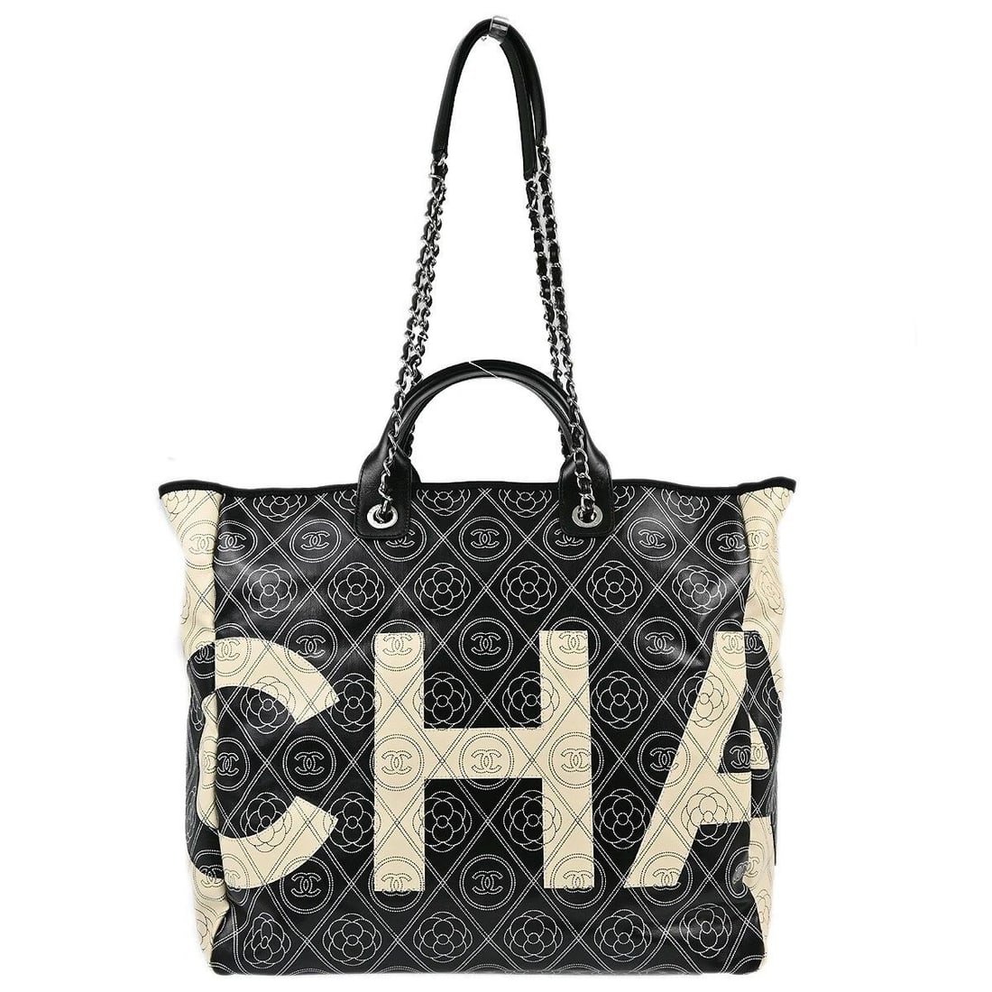 CHANEL BLACK PRINTED COATED CANVAS LOGO CAMELLIA SHOPPING 2WAY TOTE BAG: CHANEL BLACK PRINTED COATED CANVAS LOGO CAMELLIA SHOPPING 2WAY TOTE BAG Chanel 2way Tote Bag Description OUTSIDE : A+: VERY GOOD CONDITION!! INSIDE : A+: VERY GOOD CONDITION!! S : New or new without a