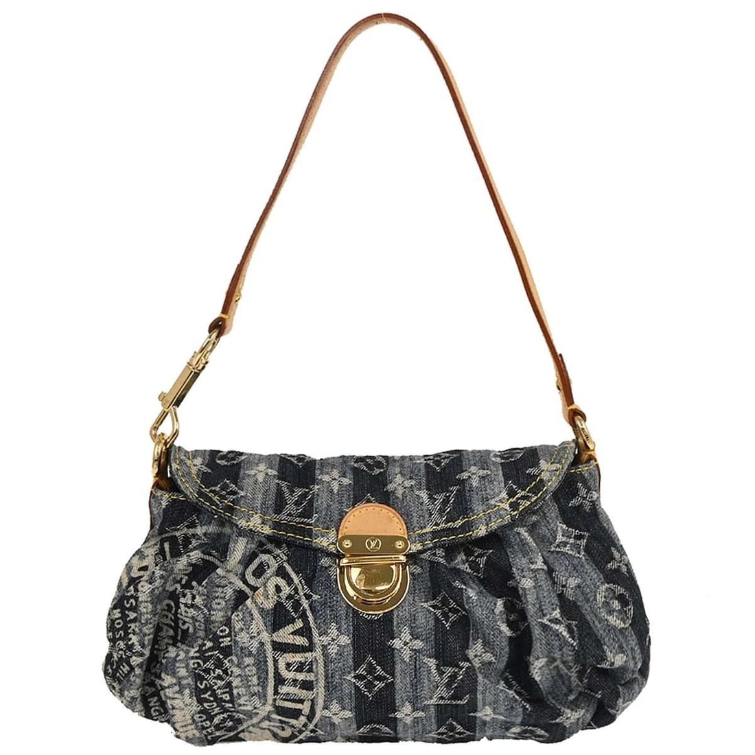 LOUIS VUITTON BLUE MONOGRAM DENIM MINI PLEATY RAYE HANDBAG: LOUIS VUITTON BLUE MONOGRAM DENIM MINI PLEATY RAYE HANDBAG Louis Vuitton Blue Monogram Denim Mini Pleaty Raye Handbag M95333 Description OUTSIDE : A: GOOD CONDITION!! Some stains. INSIDE : A+: VERY GO