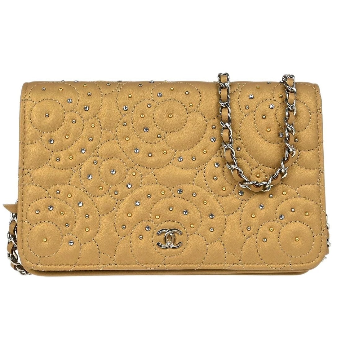 CHANEL BEIGE LAMBSKIN RHINESTONE CAMELLIA WOC SHOULDER WALLET BAG: CHANEL BEIGE LAMBSKIN RHINESTONE CAMELLIA WOC SHOULDER WALLET BAG Chanel Wallet On Chain WOC Description OUTSIDE : A+: VERY GOOD CONDITION!! INSIDE : A+: VERY GOOD CONDITION!! S : New or new without a