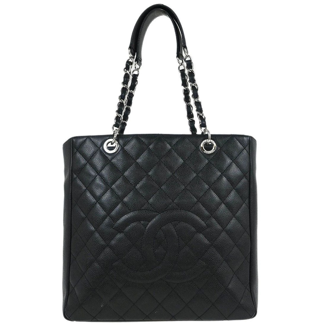 CHANEL BLACK CALFSKIN TOTE CHAIN HANDBAG (1 of 2)