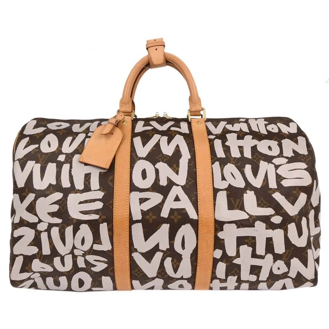 LOUIS VUITTON WHITE MONOGRAM GRAFFITI KEEPALL 50 DUFFLE BAG: LOUIS VUITTON WHITE MONOGRAM GRAFFITI KEEPALL 50 DUFFLE BAG Louis Vuitton keepall 50 Travel Handbag Monogram Graffiti M92197 STEPHEN SPROUSE Description OUTSIDE : A: GOOD CONDITION!! Scuffs, cracks, d