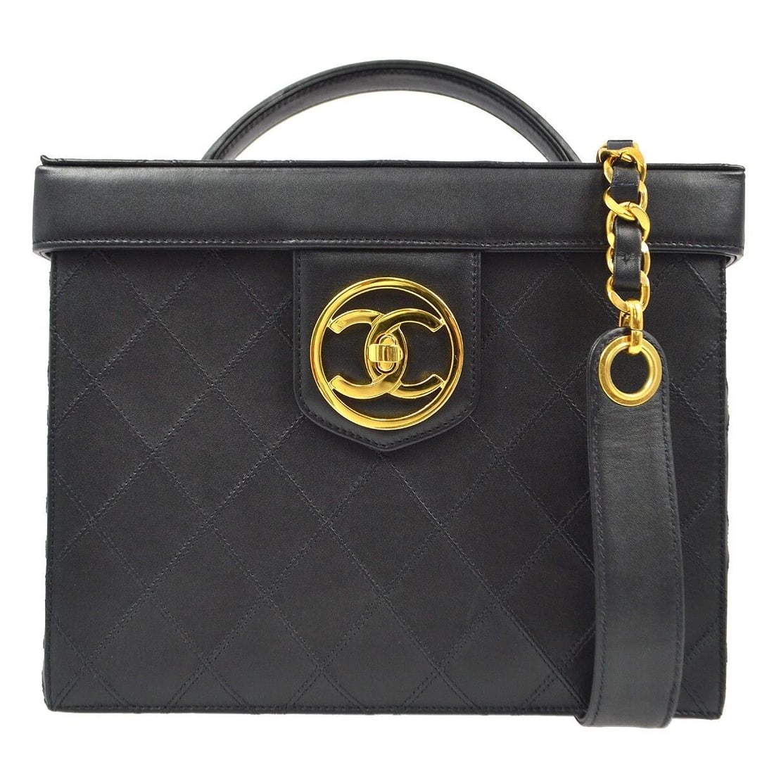 CHANEL BLACK LAMBSKIN BICOLORE VANITY 2WAY HANDBAG: CHANEL BLACK LAMBSKIN BICOLORE VANITY 2WAY HANDBAG CHANEL Bicolore 2way Vanity Handbag Description OUTSIDE: A+: VERY GOOD CONDITION!! Scratched INSIDE: A : GOOD CONDITION!! Dirt, Scratched S : New or