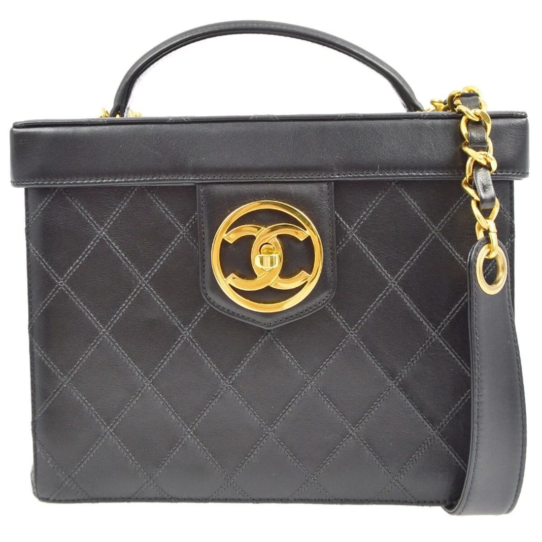 CHANEL BLACK LAMBSKIN BICOLORE VANITY 2WAY HANDBAG: CHANEL BLACK LAMBSKIN BICOLORE VANITY 2WAY HANDBAG CHANEL Bicolore 2way Vanity Handbag Description OUTSIDE: A+: VERY GOOD CONDITION!! There are scuffs on the bottom edges. INSIDE: A+: VERY GOOD CONDIT