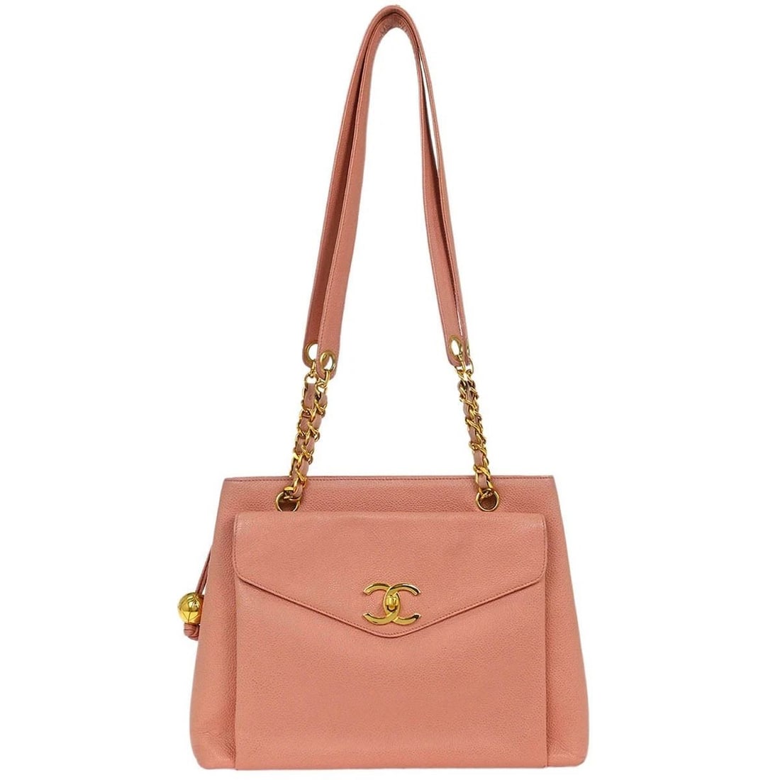 CHANEL PINK CALFSKIN CHAIN SHOULDER BAG: CHANEL PINK CALFSKIN CHAIN SHOULDER BAG Chanel Shoulder Bag Description OUTSIDE: A: GOOD CONDITION!! Edge has scuffs and dirt. INSIDE: A: GOOD CONDITION!! Stains and dirt. Discoloration. S : New or ne