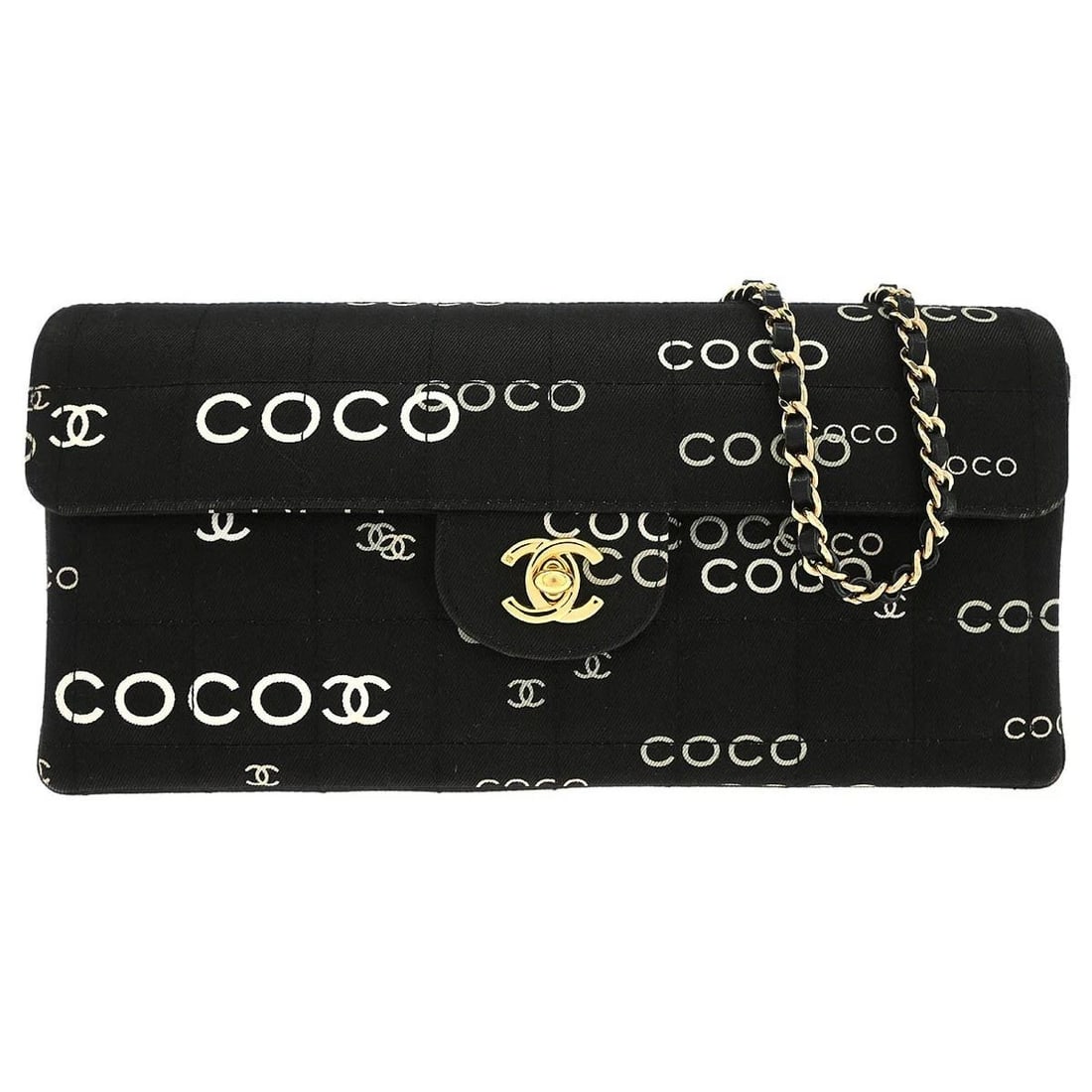 CHANEL BLACK CANVAS COCO EAST WEST CHOCO BAR SHOULDER BAG: CHANEL BLACK CANVAS COCO EAST WEST CHOCO BAR SHOULDER BAG Chanel COCO East West Choco Bar Shoulder Bag Description OUTSIDE: A: GOOD CONDITION!! Dirt. Edge has scuffs. INSIDE: A+: VERY GOOD CONDITION!!