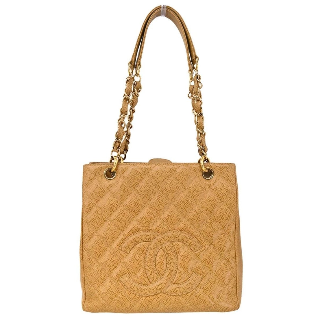 CHANEL BEIGE CALFSKIN PETITE SHOPPING TOTE PST CHAIN HANDBAG (1 of 2)