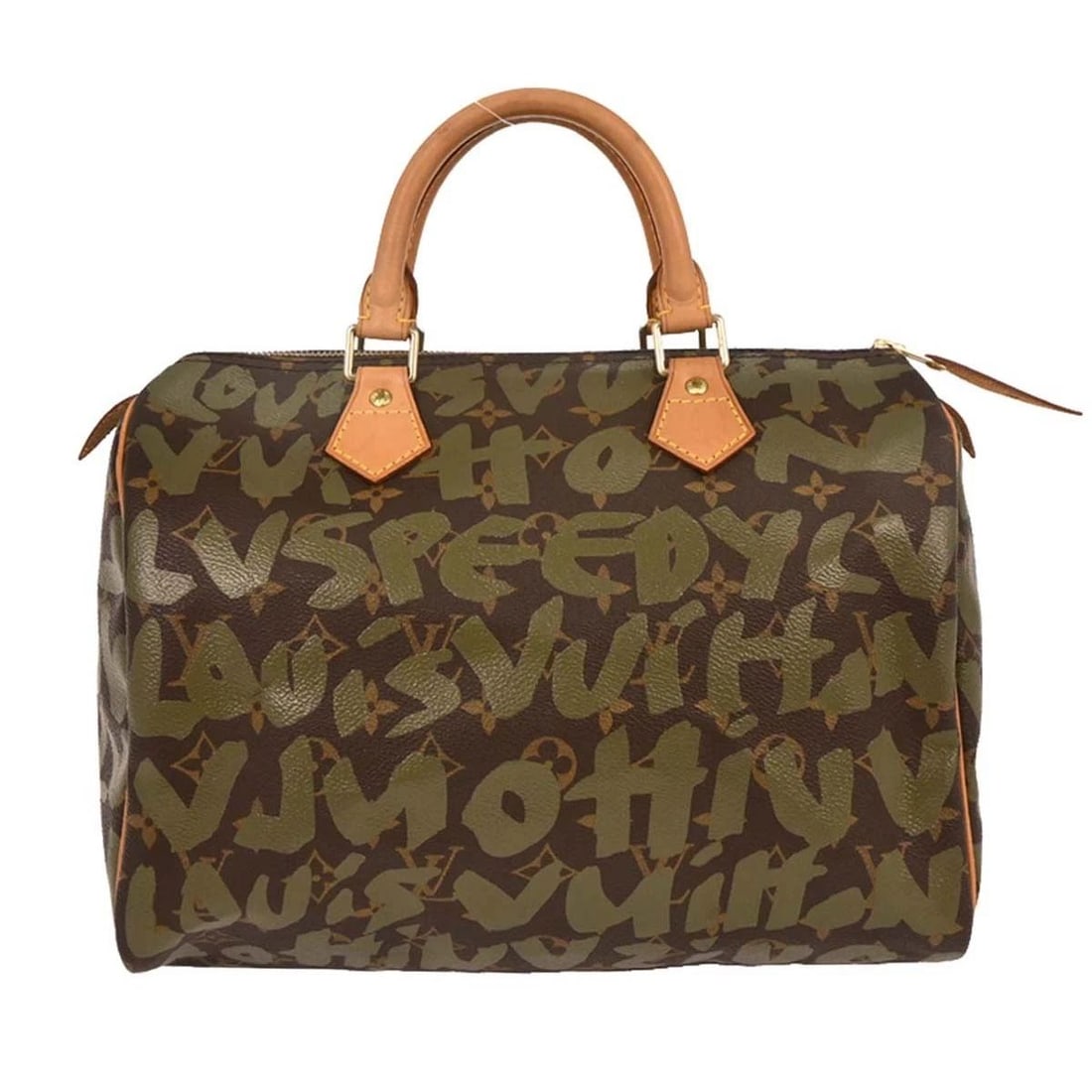 LOUIS VUITTON KHAKI MONOGRAM GRAFFITI SPEEDY 30 HANDBAG: LOUIS VUITTON KHAKI MONOGRAM GRAFFITI SPEEDY 30 HANDBAG Louis Vuitton Khaki Monogram Graffiti Speedy 30 Handbag M92194 Stephen Sprouse Description OUTSIDE: AB: FAIR CONDITION!! Monogram canvas has dir