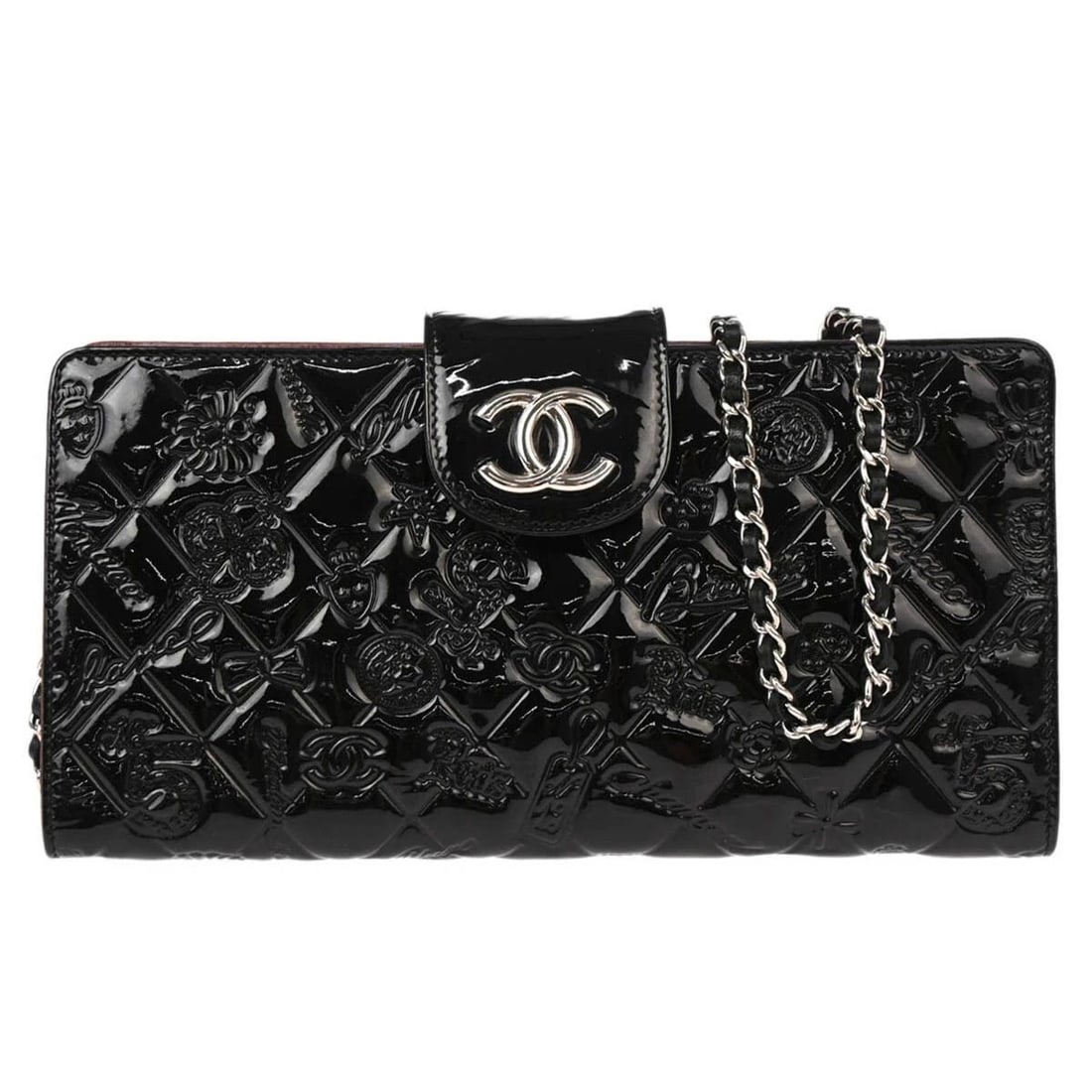 CHANEL BLACK PATENT LEATHER ICON WOC CHAIN SHOULDER WALLET BAG: CHANEL BLACK PATENT LEATHER ICON WOC CHAIN SHOULDER WALLET BAG Chanel WOC Chain Shoulder Wallet Bag Description OUTSIDE : A: GOOD CONDITION!! Edge has scuffs. INSIDE : A+: VERY GOOD CONDITION!! S : Ne