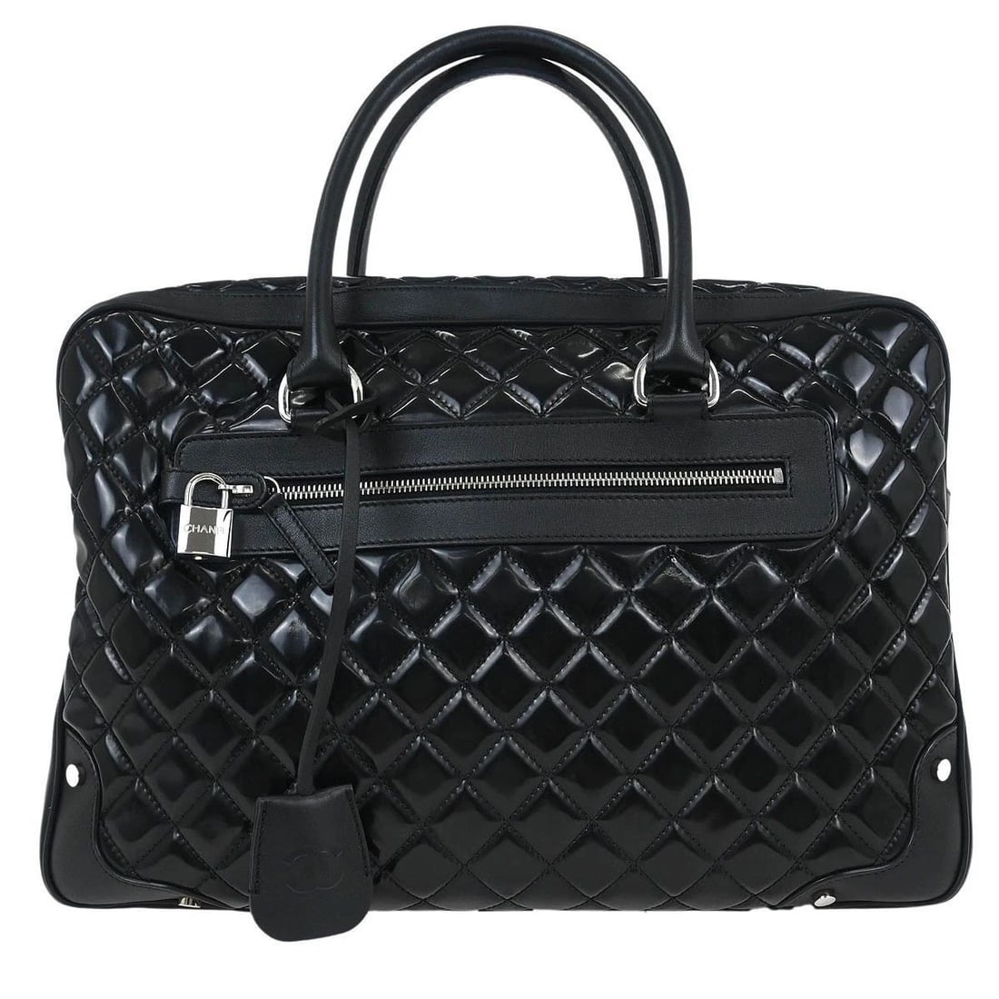 CHANEL BLACK PATENT LEATHER DUFFLE HANDBAG (1 of 2)