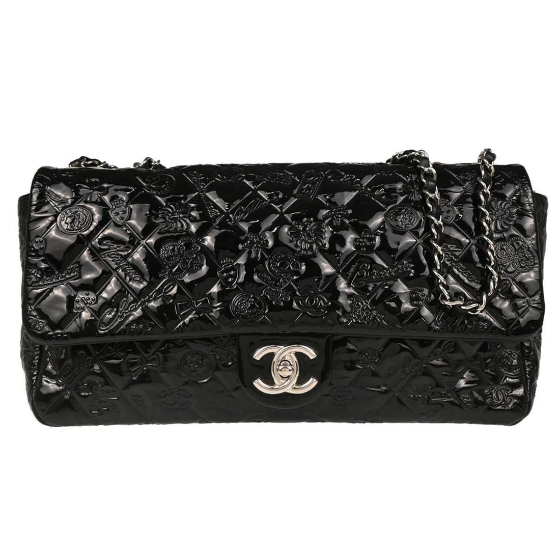 CHANEL BLACK PATENT LEATHER ICON JUMBO CLASSIC FLAP SHOULDER BAG: CHANEL BLACK PATENT LEATHER ICON JUMBO CLASSIC FLAP SHOULDER BAG Chanel Classic Flap Jumbo Double Chain Shoulder Bag Description OUTSIDE : A: GOOD CONDITION!! Dirt. INSIDE : A: GOOD CONDITION!! Scuffs