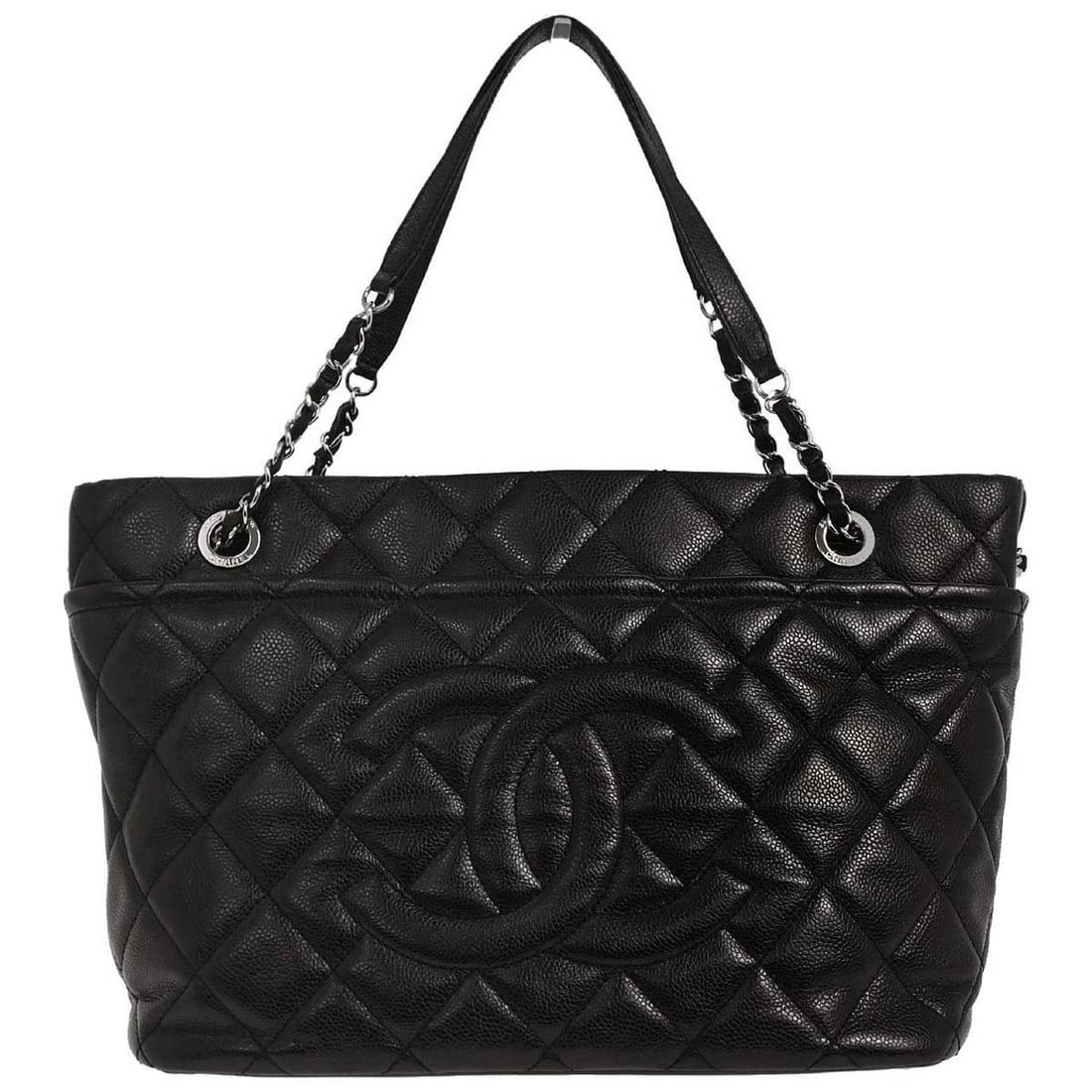 CHANEL BLACK CALFSKIN TOTE CHAIN HANDBAG (1 of 2)