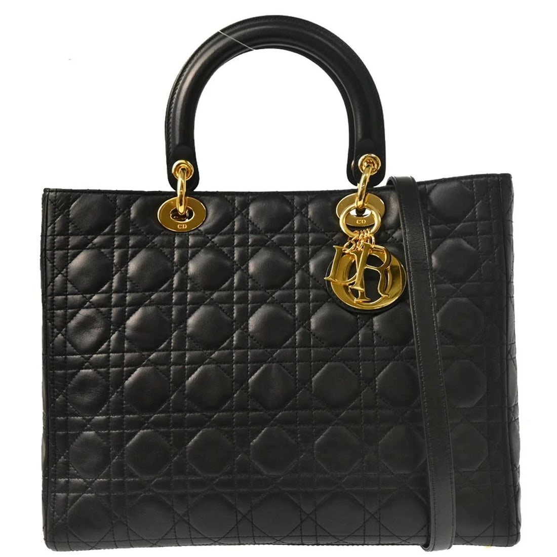 CHRISTIAN DIOR BLACK LAMBSKIN LADY DIOR CANNAGE 2WAY HANDBAG (1 of 2)