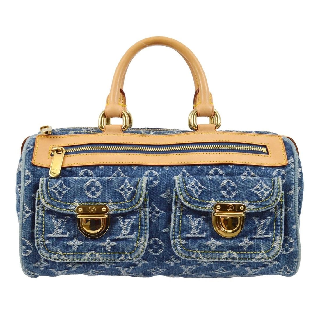 LOUIS VUITTON BLUE MONOGRAM DENIM NEO SPEEDY HANDBAG: LOUIS VUITTON BLUE MONOGRAM DENIM NEO SPEEDY HANDBAG Louis Vuitton Blue Monogram Denim Neo Speedy Handbag M95019 Description OUTSIDE : A+: VERY GOOD CONDITION!! Suntan and some stains on the leather p