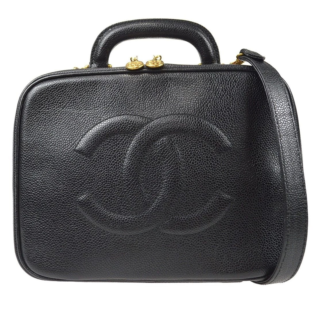 CHANEL BLACK CALFSKIN TIMELESS LUNCH BOX VANITY 24 2WAY HANDBAG: CHANEL BLACK CALFSKIN TIMELESS LUNCH BOX VANITY 24 2WAY HANDBAG Chanel 2way Vanity Handbag Description OUTSIDE: A+: VERY GOOD CONDITION!! Scratched INSIDE: A : GOOD CONDITION!! S : New / new without a
