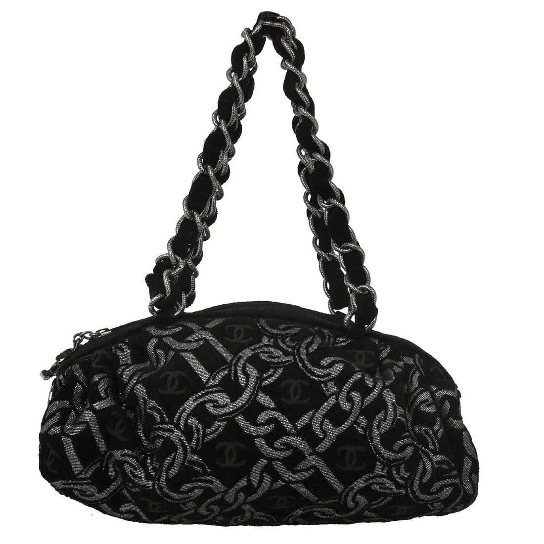 CHANEL BLACK CANVAS CHAIN PRINT HANDBAG: CHANEL BLACK CANVAS CHAIN PRINT HANDBAG Chanel Handbag Description OUTSIDE: A: GOOD CONDITION!! Handle has scuffs. INSIDE: A+: VERY GOOD CONDITION!! S : New or new without a tag. SA : Excellent condit