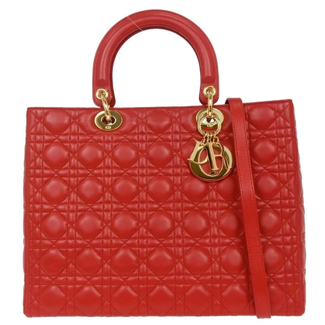 CHRISTIAN DIOR RED LAMBSKIN LADY DIOR 2WAY HANDBAG (1 of 2)