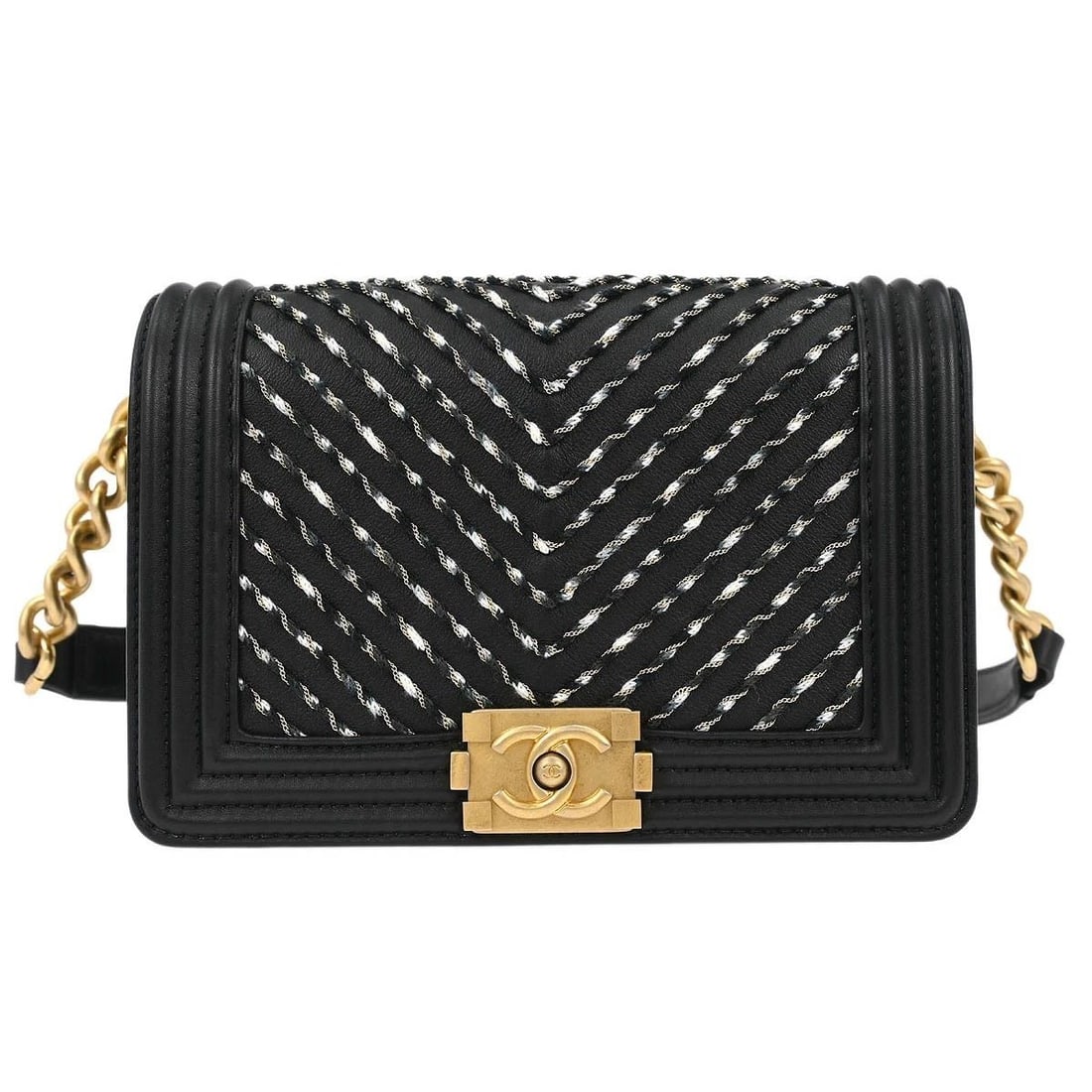 BOY CHANEL BLACK CALFSKIN CHAIN BAM BAG: BOY CHANEL BLACK CALFSKIN CHAIN BAM BAG Boy Chanel Small Chain Shoulder Bag Description OUTSIDE: A: GOOD CONDITION!! Shoulder Strap has dents. INSIDE: A: GOOD CONDITION!! Scratches. Pocket has stains.