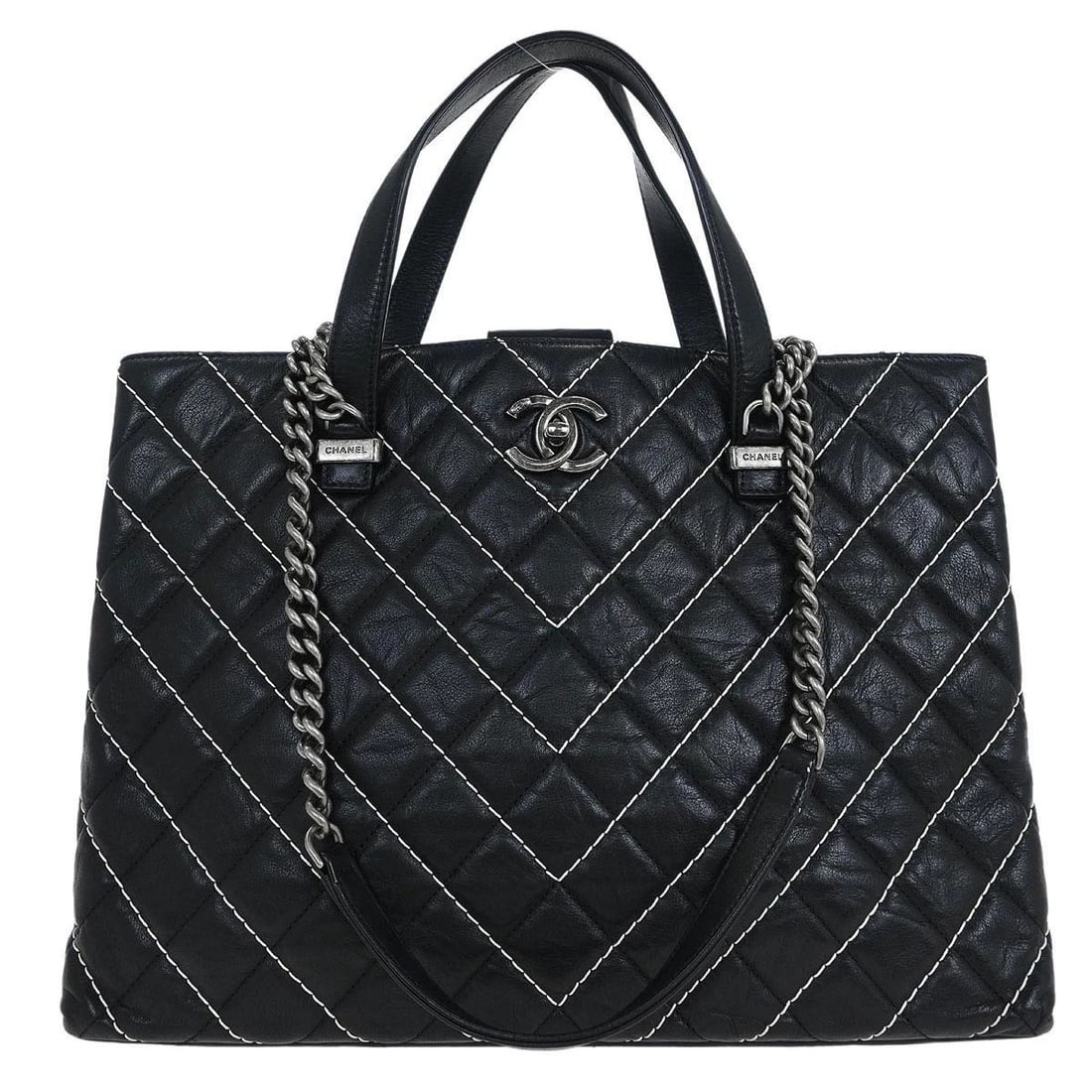 CHANEL BLACK CALFSKIN CHEVRON TOTE 2WAY SHOULDER HANDBAG (1 of 2)