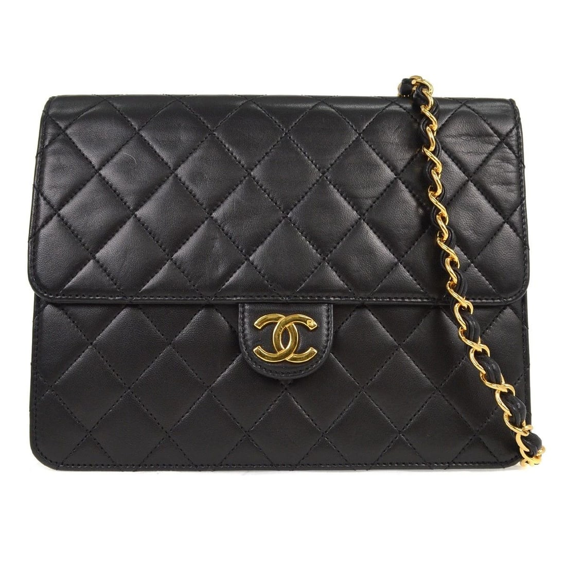 CHANEL BLACK LAMBSKIN PUSHLOCK SMALL HALF FLAP SHOULDER BAG (1 of 2)