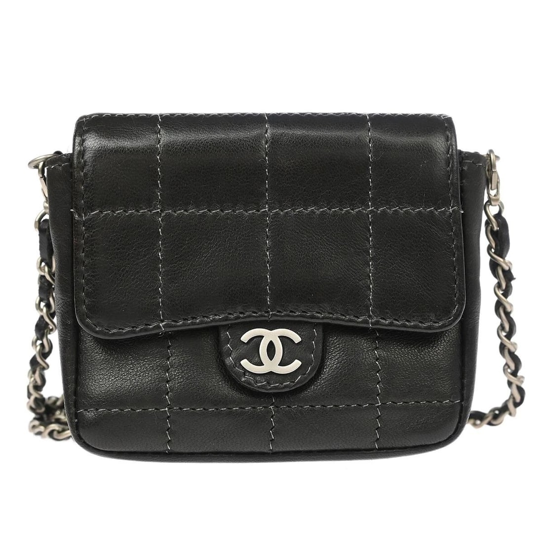CHANEL BLACK LAMBSKIN CHOCO BAR MICRO CLASSIC FLAP SHOULDER BAG (1 of 2)