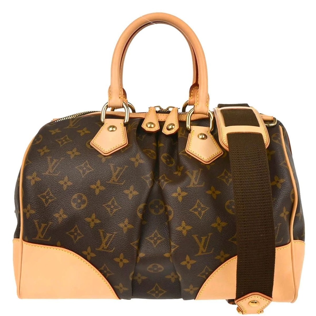 LOUIS VUITTON MONOGRAM STEPHEN 2WAY HANDBAG: LOUIS VUITTON MONOGRAM STEPHEN 2WAY HANDBAG Louis Vuitton Monogram Stephen 2way Handbag M40118 Description OUTSIDE : A+: VERY GOOD CONDITION!! Suntan and some stains on the leather parts. INSIDE : SA: