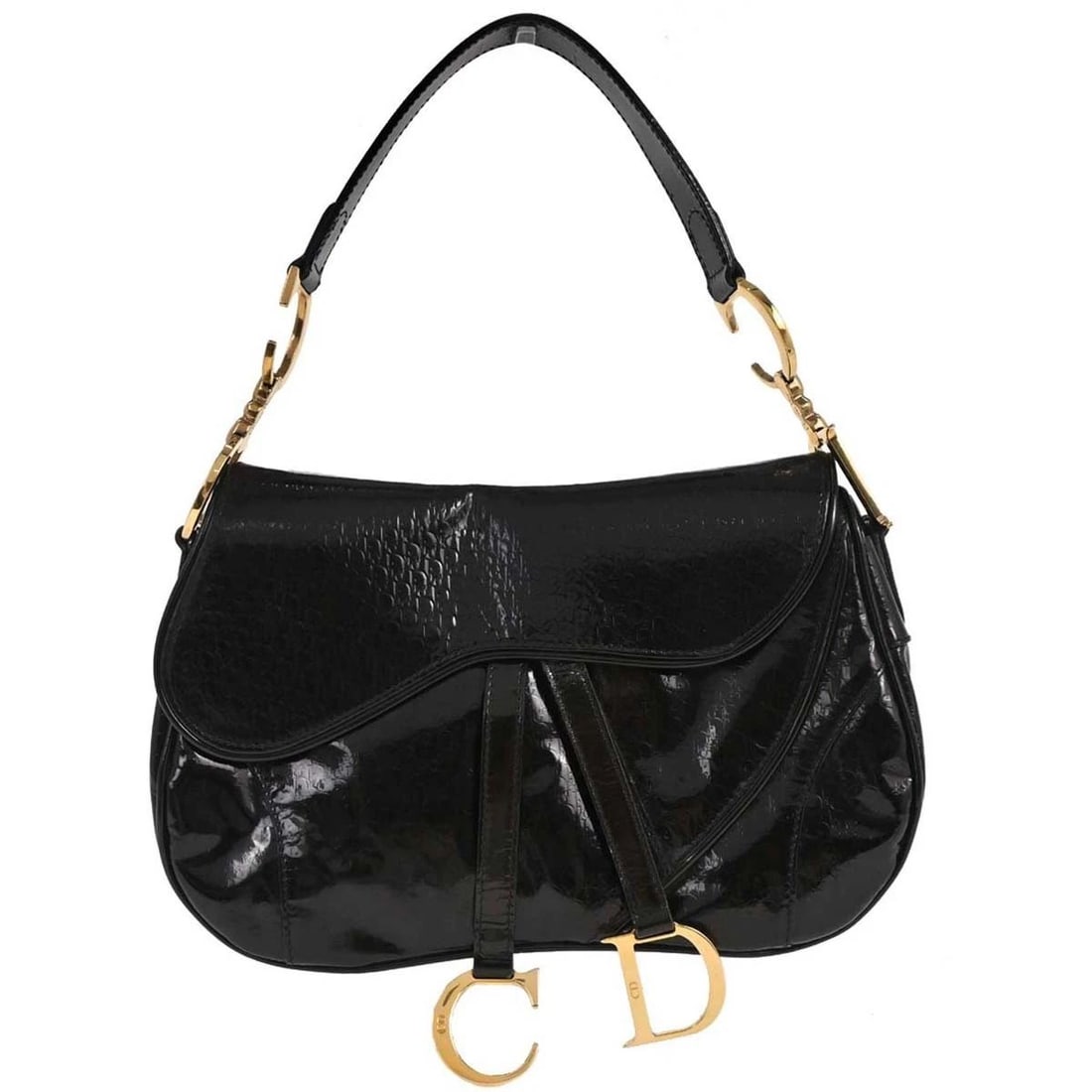 CHRISTIAN DIOR BLACK PATENT LEATHER DOUBLE SADDLE HANDBAG: CHRISTIAN DIOR BLACK PATENT LEATHER DOUBLE SADDLE HANDBAG Christian Dior Double Saddle Handbag Description OUTSIDE: A: GOOD CONDITION!! Dirt. INSIDE: A: GOOD CONDITION!! Dirt. S : New or new without a